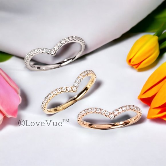 1mm Diamond Brilliant Cut Dainty Chevron Wedding Engagement Gold Band Ring - Picture 5 of 17